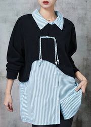 Diy Blue Striped Patchwork Cotton Loose Sweatshirts Top Spring