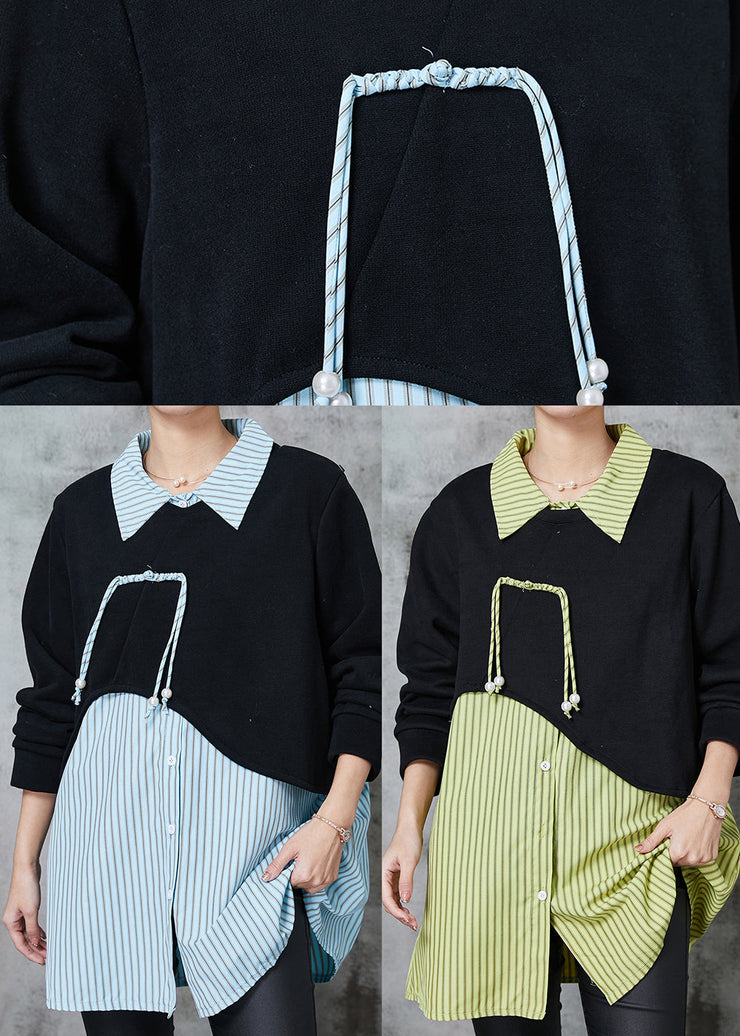 Diy Blue Striped Patchwork Cotton Loose Sweatshirts Top Spring