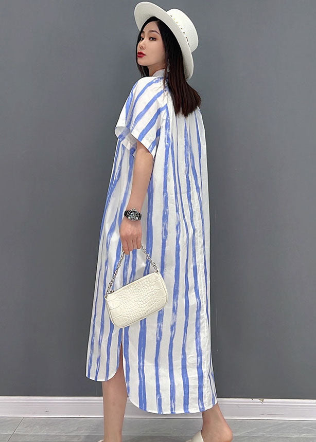 Diy Blue Striped Stand Collar Side Open Cotton Maxi Dresses Short Sleeve