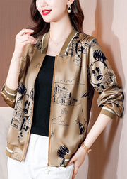 Diy Coffee Zip Up Pockets Print Silk Jackets Spring