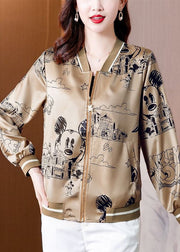 Diy Coffee Zip Up Pockets Print Silk Jackets Spring