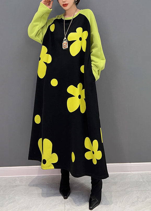 Diy Colorblock O Neck Floral Cotton Long Dress Spring