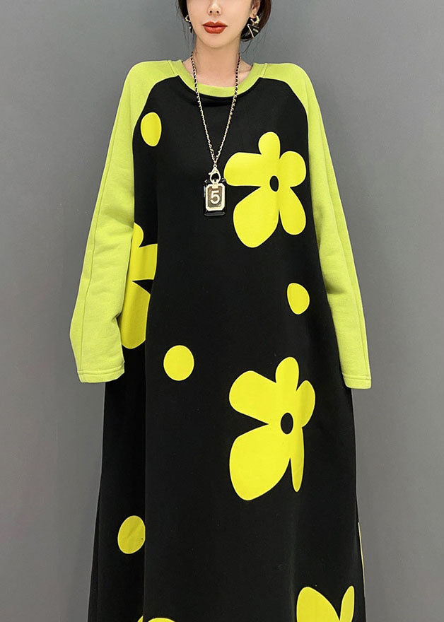 Diy Colorblock O Neck Floral Cotton Long Dress Spring