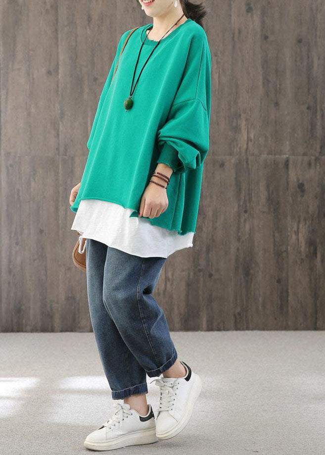 Diy Green Oversized Patchwork Cotton Fake Two Piece Pullover Sweatshirt Fall