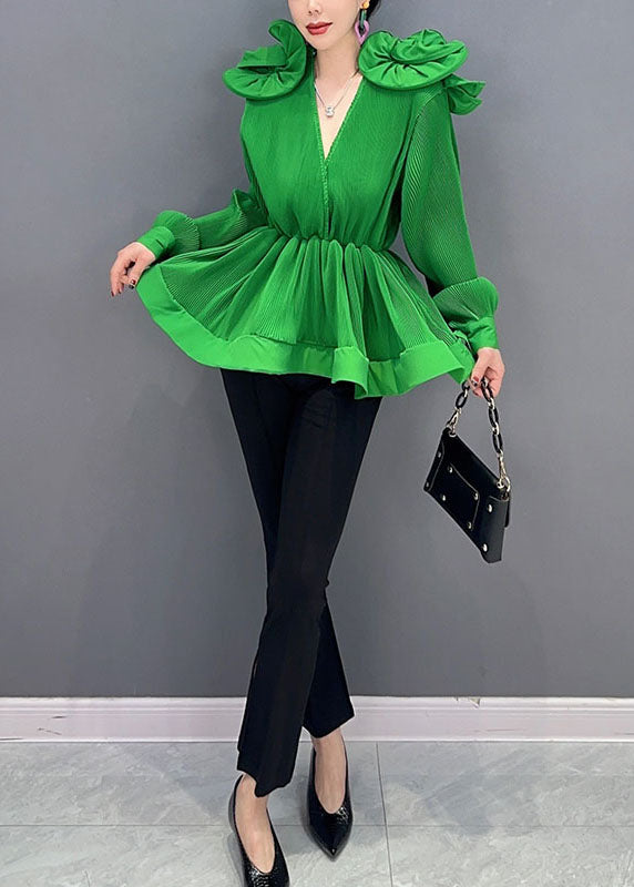 Diy Green V Neck Ruffled Patchwork Chiffon Shirt Tops Spring