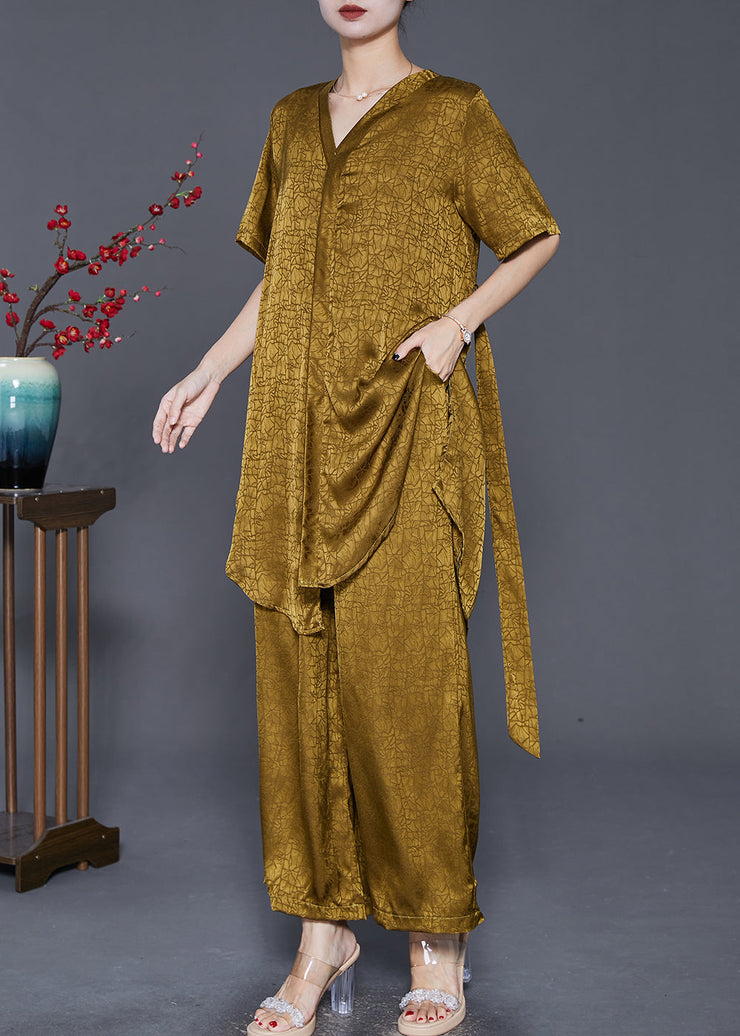 Diy Green Yellow Asymmetrical Silk Two Piece Set Women Clothing Fall