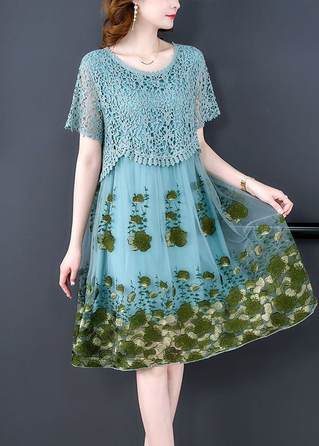 Diy Light Blue Embroideried Patchwork Tulle Dress Short Sleeve