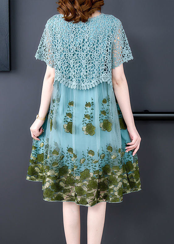 Diy Light Blue Embroideried Patchwork Tulle Dress Short Sleeve