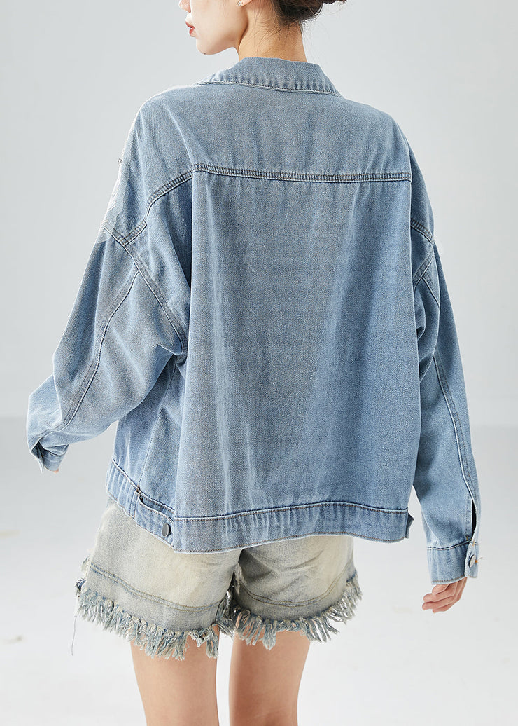 Diy Light Blue Hollow Out Patchwork Zircon Denim Coat Outwear Fall