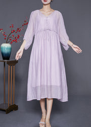 Diy Light Purple V Neck Cinched Silk Cotton Long Dresses Summer