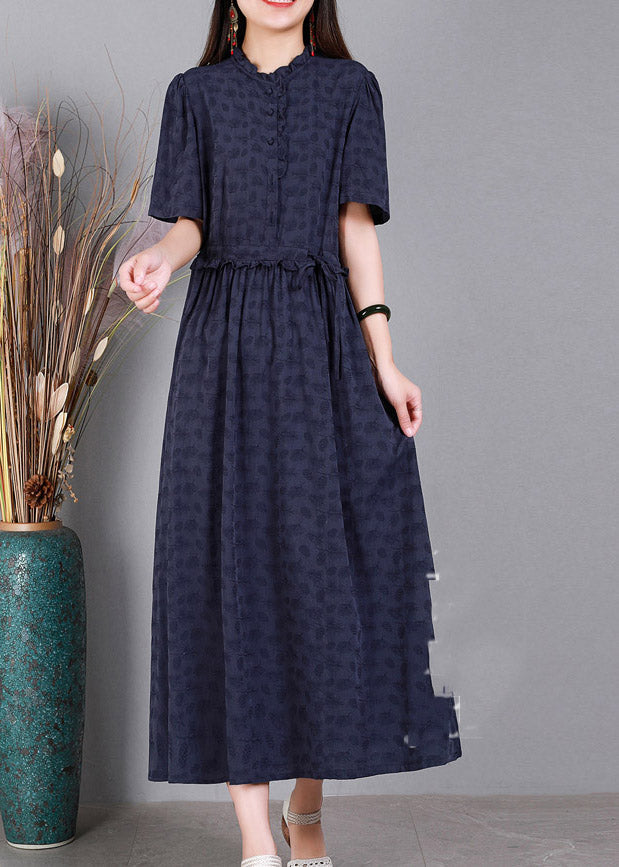 Diy Navy Blue Print Ruffled Button Linen Maxi Dresses Short Sleeve