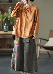 Diy Orange Wrinkled Embroideried Patchwork Linen Shirts Long Sleeve