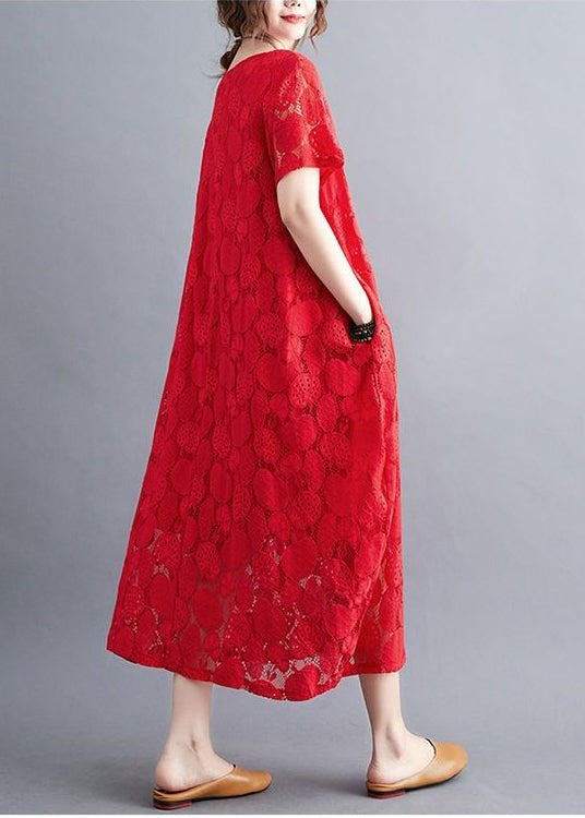 Diy Red Oversized Hollow Out Lace Long Dress Summer