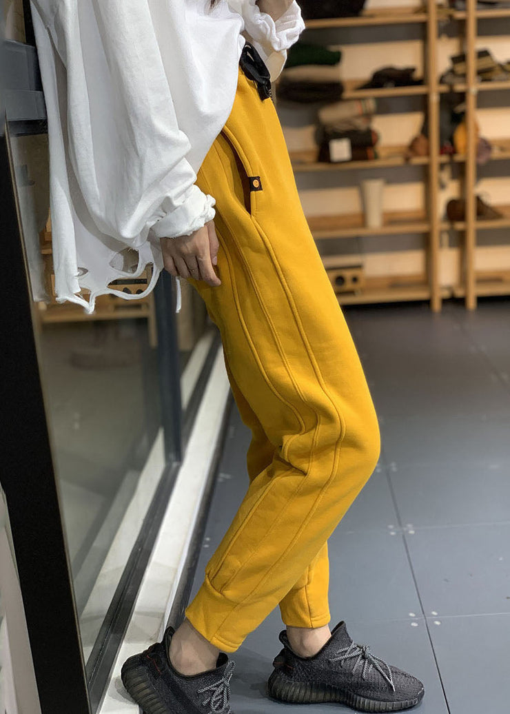 Diy Yellow Elastic Waist Drawstring Pockets Warm Fleece Sweatshirt Pants Winter