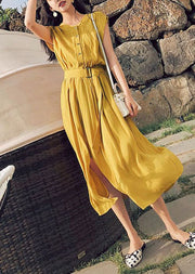 Diy Yellow O Neck Patchwork Tie Waist Cotton Dress Short Sleeve