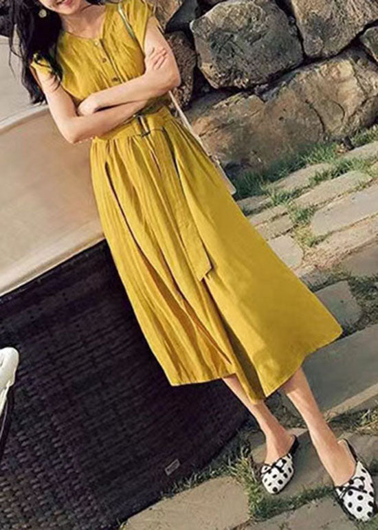 Diy Yellow O Neck Patchwork Tie Waist Cotton Dress Short Sleeve