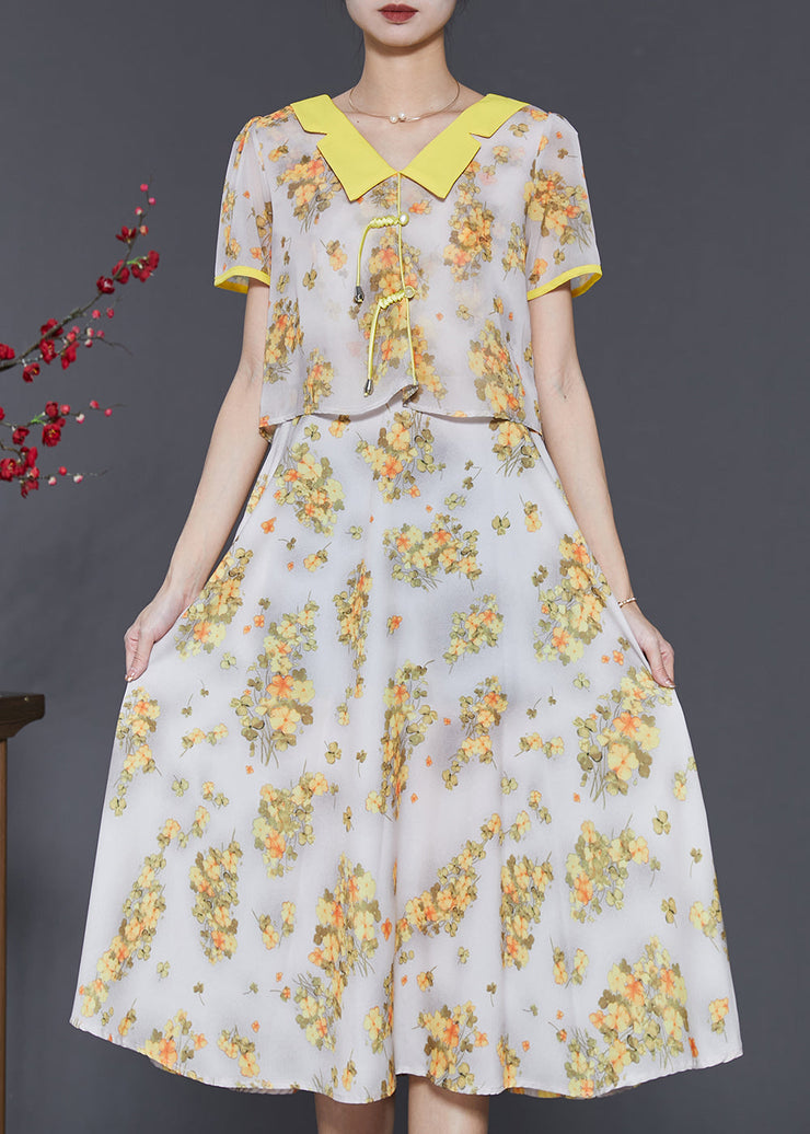 Diy Yellow Tasseled Print Draping Chiffon Long Dress Summer