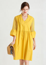 Diy Yellow V Neck Hollow Out Lace Patchwork Cotton Dresses Summer