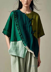 Dull Green Patchwork Linen Blouse Tops Asymmetrical Summer