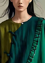 Dull Green Patchwork Linen Blouse Tops Asymmetrical Summer