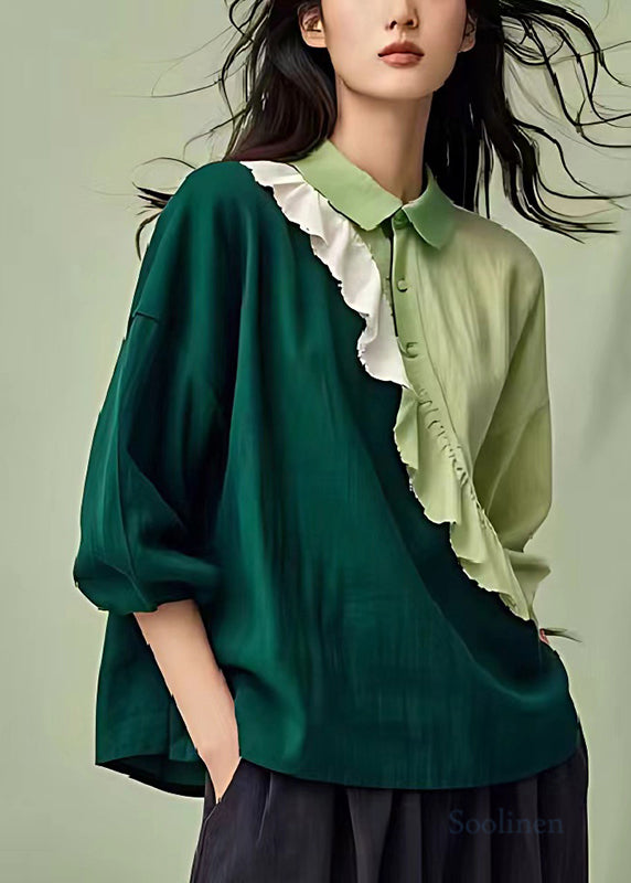 Dull Green Patchwork Linen Shirts Ruffled Spring