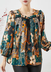 Dull Green Print Chiffon Blouses Square Collar Bow Lantern Sleeve