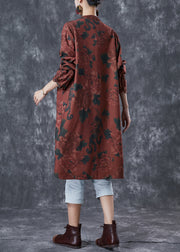 Dull Red Floral Print Linen Chinese Style Shirt Dress Fall