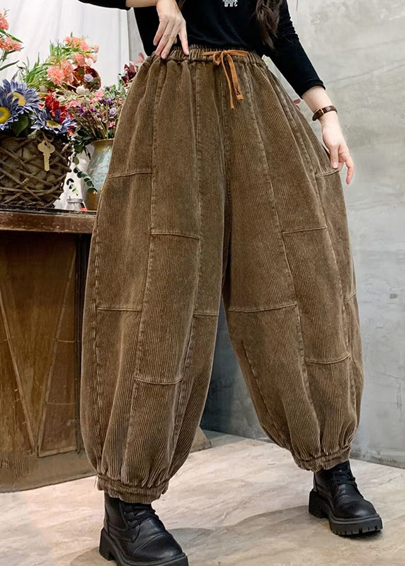 Earth Yellow Pockets Patchwork Corduroy Lantern Pants