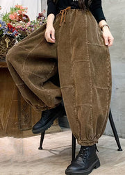 Earth Yellow Pockets Patchwork Corduroy Lantern Pants