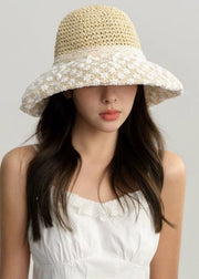 Elegant  Beige Hollow Out Lace Patchwork Straw Woven Bucket Hat