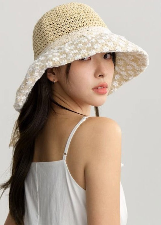 Elegant  Beige Hollow Out Lace Patchwork Straw Woven Bucket Hat