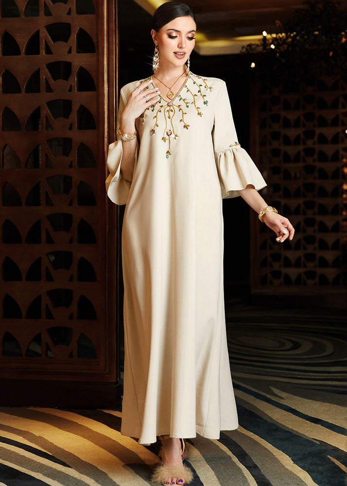 Elegant Apricot Embroideried Chiffon Long Dress Flare Sleeve