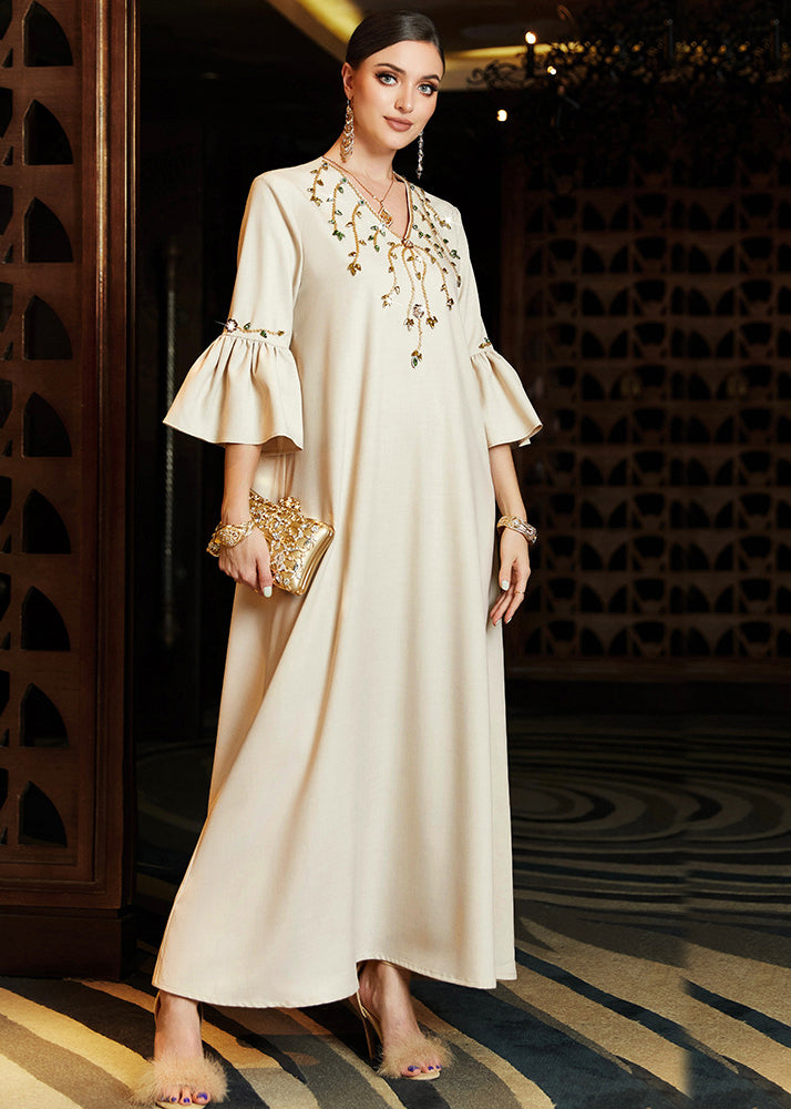 Elegant Apricot Embroideried Chiffon Long Dress Flare Sleeve