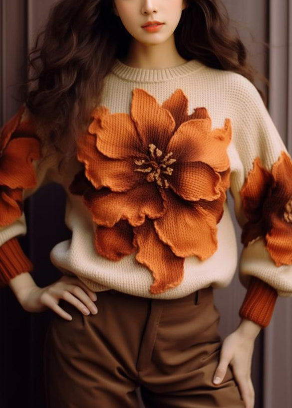 Elegant Apricot Floral  Cozy Knit Sweaters Fall