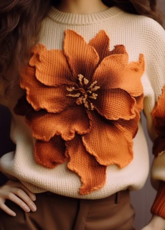 Elegant Apricot Floral  Cozy Knit Sweaters Fall