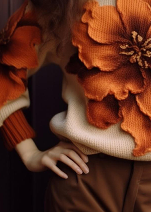 Elegant Apricot Floral  Cozy Knit Sweaters Fall