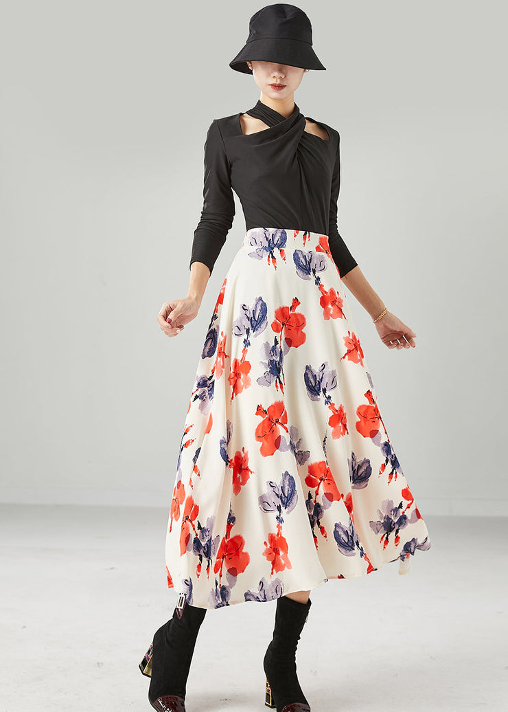 Elegant Apricot High Waist Print Chiffon A Line Skirts Summer