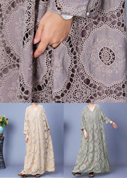 Elegant Apricot Hollow Out Lace Patchwork Cotton Long Dress Spring