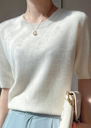 Elegant Apricot O Neck Cashmere Sweater Tops Half Sleeve