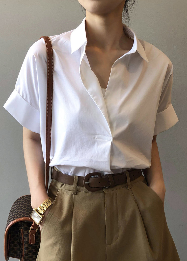 Elegant Apricot Peter Pan Collar Cotton Blouse Tops Summer