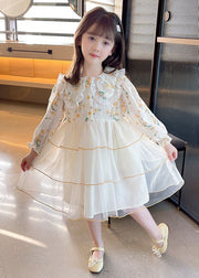 Elegant Apricot Peter Pan Collar Tulle Patchwork Girls Dress Long Sleeve