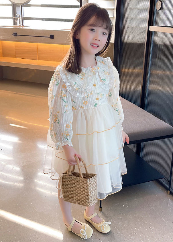 Elegant Apricot Peter Pan Collar Tulle Patchwork Girls Dress Long Sleeve