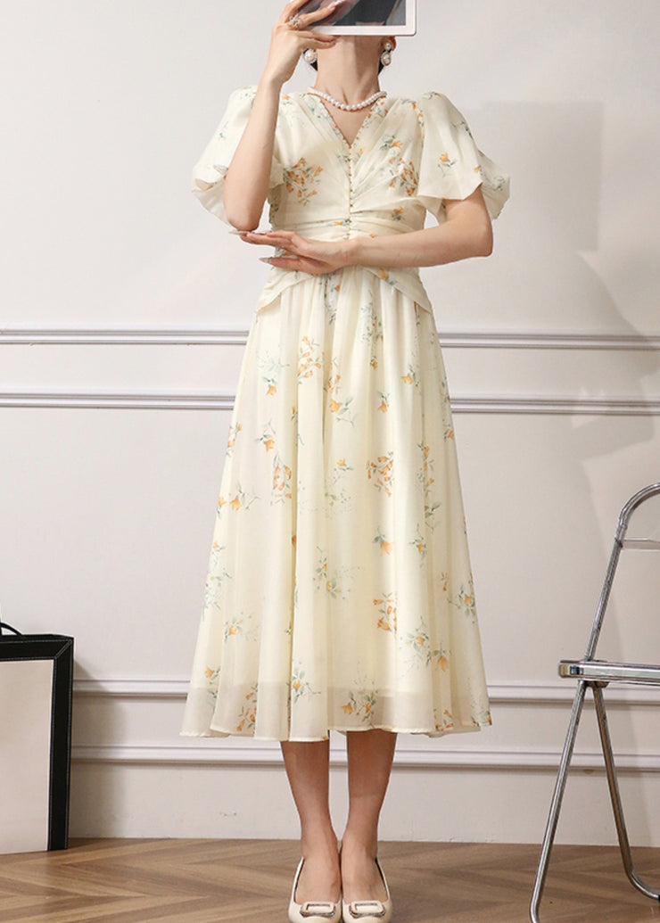 Elegant Apricot Print High Waist Chiffon Dress Summer