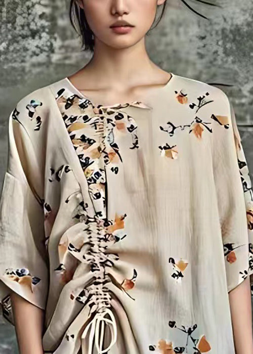 Elegant Apricot Print Lace Up Cotton Blouses Half Sleeve