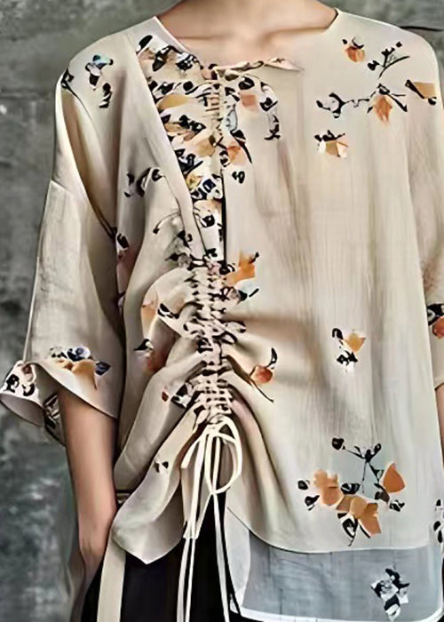 Elegant Apricot Print Lace Up Cotton Blouses Half Sleeve