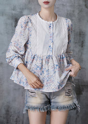 Elegant Apricot Print Patchwork Lace Cotton Shirt Summer