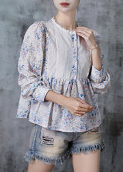 Elegant Apricot Print Patchwork Lace Cotton Shirt Summer