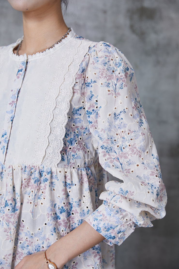 Elegant Apricot Print Patchwork Lace Cotton Shirt Summer