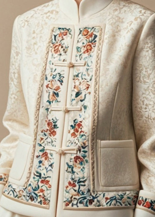 Elegant Apricot Print Pockets Cotton Coats Fall