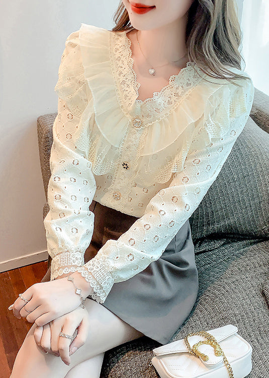 Elegant Apricot Ruffled Hollow Out Patchwork Lace Shirts Fall